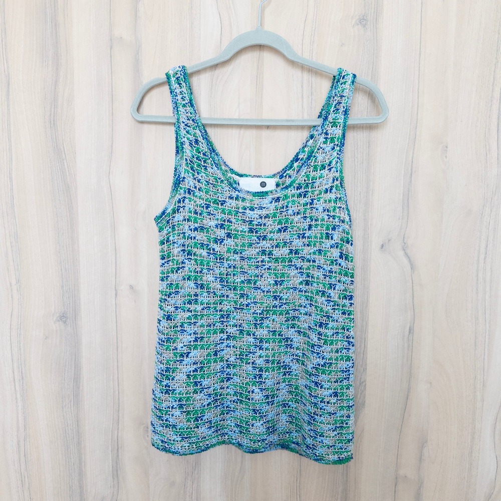 Kensie Pieces Womens Crochet Tank Top M Blue Green Open Knit Boho Beach Festival